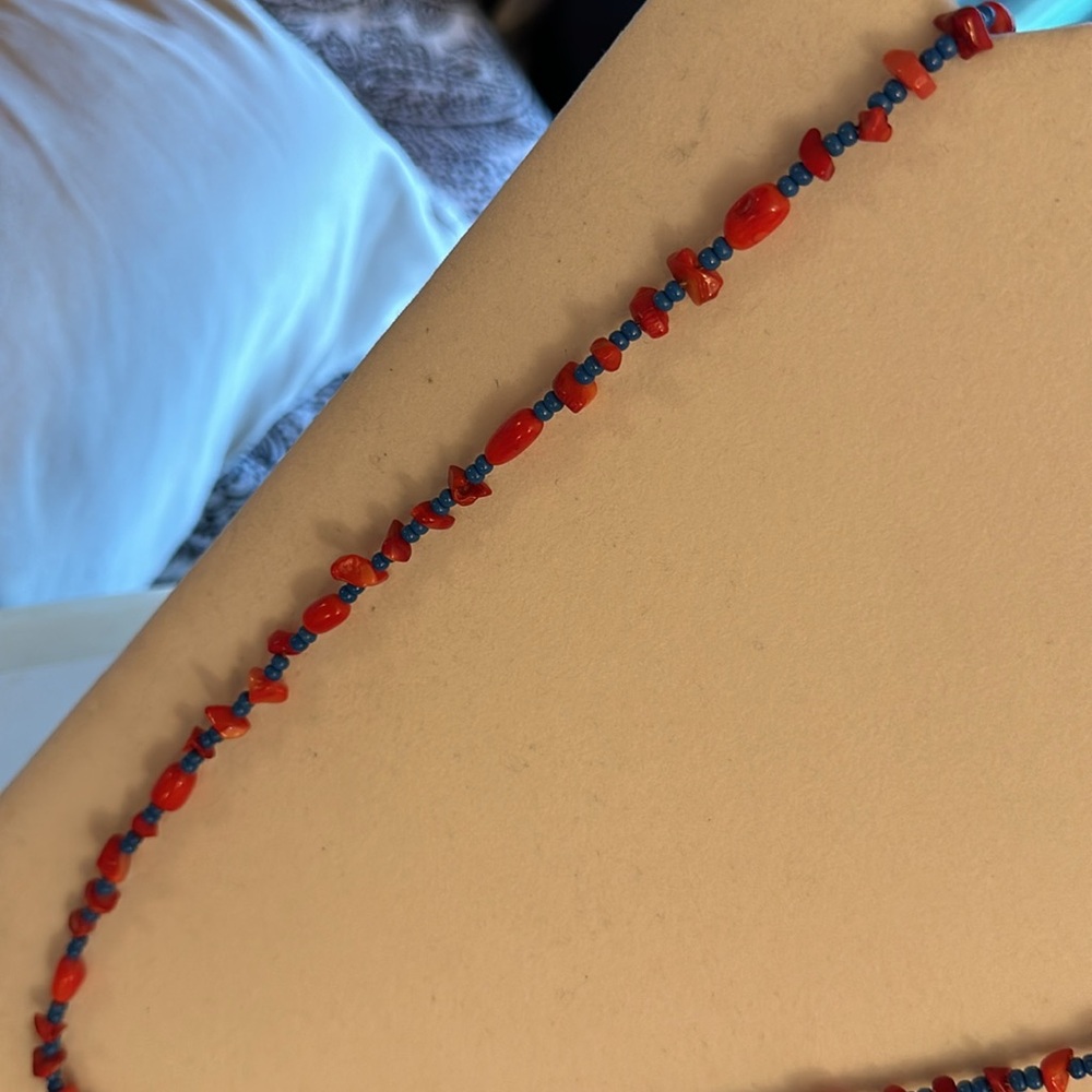 Apple Coral & Lapis Beaded Necklace handmade - Picture 4 of 5